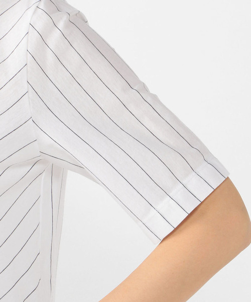 A/C DESIGN BY ALPHA CUBIC（エーシーデザインバイアルファキュービック）の「【COOLER TOUCHシリーズ】ストライプ切替プルオーバー（Tシャツ/カットソー・レディース・ネイビー/オフホワイト/ブルー・M size/L size）」の12枚目の写真