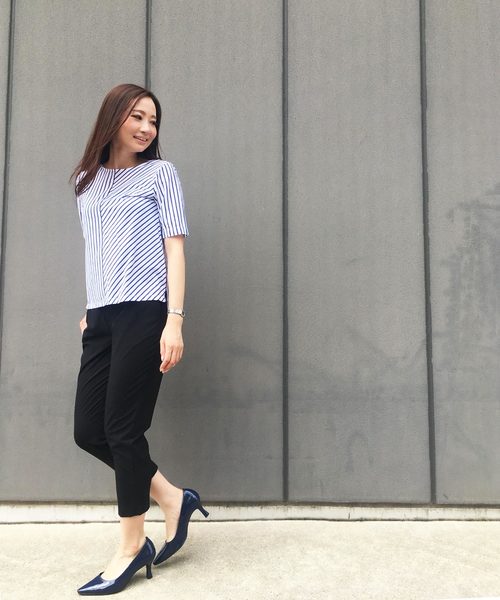 A/C DESIGN BY ALPHA CUBIC（エーシーデザインバイアルファキュービック）の「【COOLER TOUCHシリーズ】ストライプ切替プルオーバー（Tシャツ/カットソー・レディース・ネイビー/オフホワイト/ブルー・M size/L size）」の13枚目の写真