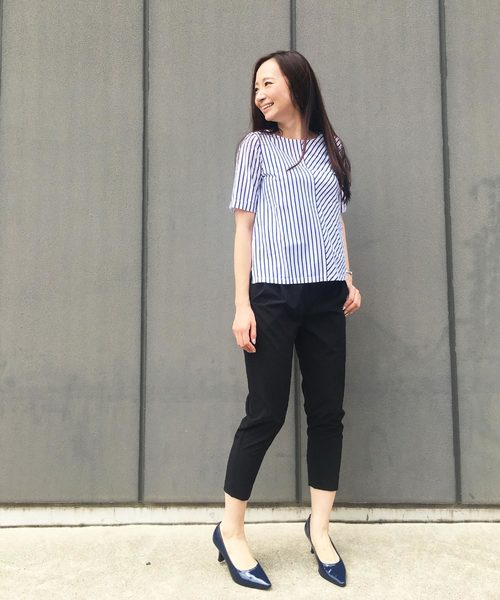 A/C DESIGN BY ALPHA CUBIC（エーシーデザインバイアルファキュービック）の「【COOLER TOUCHシリーズ】ストライプ切替プルオーバー（Tシャツ/カットソー・レディース・ネイビー/オフホワイト/ブルー・M size/L size）」の14枚目の写真