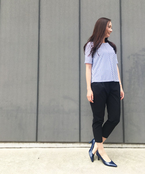 A/C DESIGN BY ALPHA CUBIC（エーシーデザインバイアルファキュービック）の「【COOLER TOUCHシリーズ】ストライプ切替プルオーバー（Tシャツ/カットソー・レディース・ネイビー/オフホワイト/ブルー・M size/L size）」の16枚目の写真