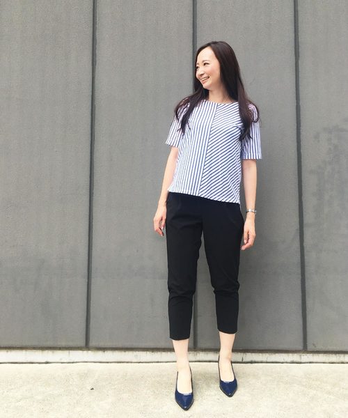 A/C DESIGN BY ALPHA CUBIC（エーシーデザインバイアルファキュービック）の「【COOLER TOUCHシリーズ】ストライプ切替プルオーバー（Tシャツ/カットソー・レディース・ネイビー/オフホワイト/ブルー・M size/L size）」の17枚目の写真