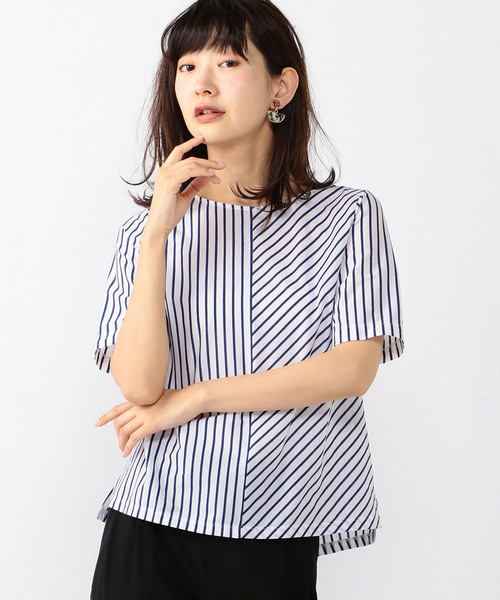 A/C DESIGN BY ALPHA CUBIC（エーシーデザインバイアルファキュービック）の「【COOLER TOUCHシリーズ】ストライプ切替プルオーバー（Tシャツ/カットソー・レディース・ネイビー/オフホワイト/ブルー・M size/L size）」の18枚目の写真