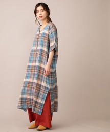 Munich | マドラスチェックリネン　Vネックリラックスワンピース(リゾートマキシワンピース)(ワンピース)