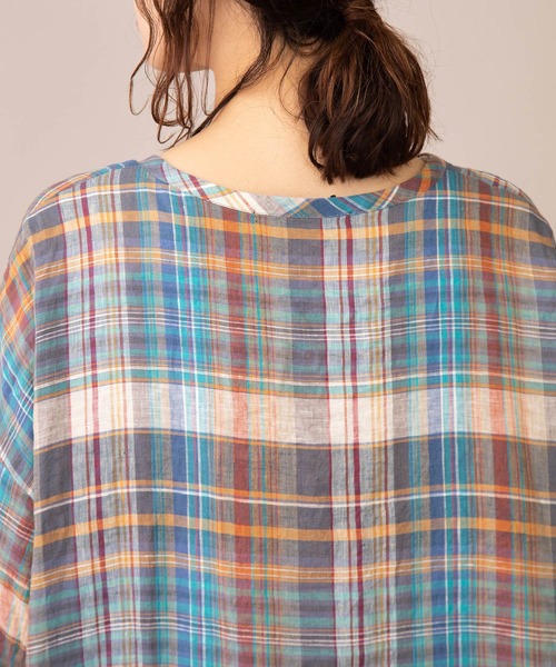 Munich（ミューニック）の「マドラスチェックリネン　Vネックリラックスワンピース(リゾートマキシワンピース)（ワンピース・レディース・ブルー・FREE）」の10枚目の写真