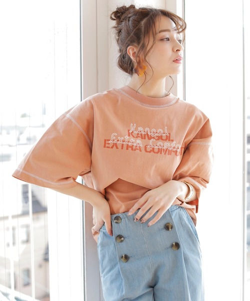 KANGOL EXTRA COMFORT（カンゴールエクストラコンフォート）の「【KANGOL EXTRA COMFORT(カンゴール エクストラ コンフォート)】配色ステッチロゴプリントTシャツ（Tシャツ/カットソー・レディース・オレンジ/ブラック/ライトベージュ/ベージュ/オフホワイト・M/L/XXL/LL）」の5枚目の写真