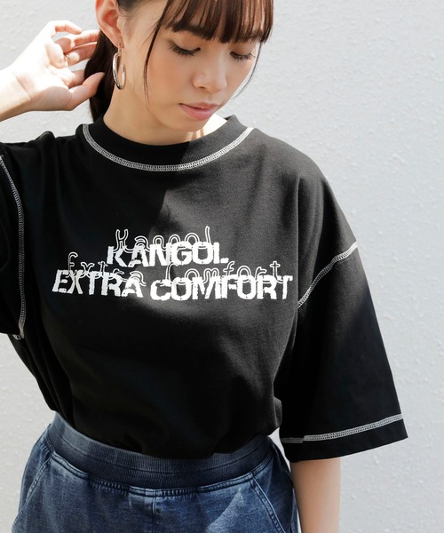 KANGOL EXTRA COMFORT（カンゴールエクストラコンフォート）の「【KANGOL EXTRA COMFORT(カンゴール エクストラ コンフォート)】配色ステッチロゴプリントTシャツ（Tシャツ/カットソー・レディース・オレンジ/ブラック/ライトベージュ/ベージュ/オフホワイト・M/L/XXL/LL）」の3枚目の写真