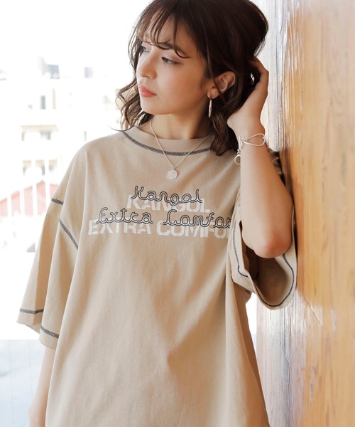 KANGOL EXTRA COMFORT（カンゴールエクストラコンフォート）の「【KANGOL EXTRA COMFORT(カンゴール エクストラ コンフォート)】配色ステッチロゴプリントTシャツ（Tシャツ/カットソー・レディース・オレンジ/ブラック/ライトベージュ/ベージュ/オフホワイト・M/L/XXL/LL）」の7枚目の写真