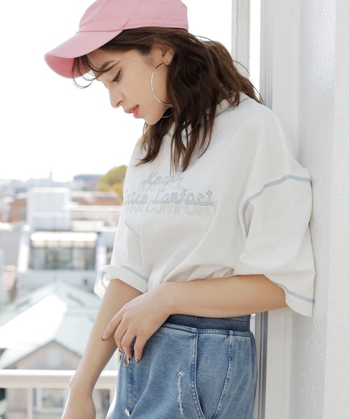 KANGOL EXTRA COMFORT（カンゴールエクストラコンフォート）の「【KANGOL EXTRA COMFORT(カンゴール エクストラ コンフォート)】配色ステッチロゴプリントTシャツ（Tシャツ/カットソー・レディース・オレンジ/ブラック/ライトベージュ/ベージュ/オフホワイト・M/L/XXL/LL）」の8枚目の写真