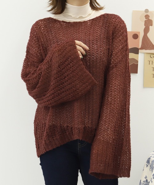 PairPair(ペアペア)の「ワイドスリーブシアーニット(ニット/セーター・レディース・ベージュ/ライトブラウン/ボルドー・FREE)」の1枚目の写真