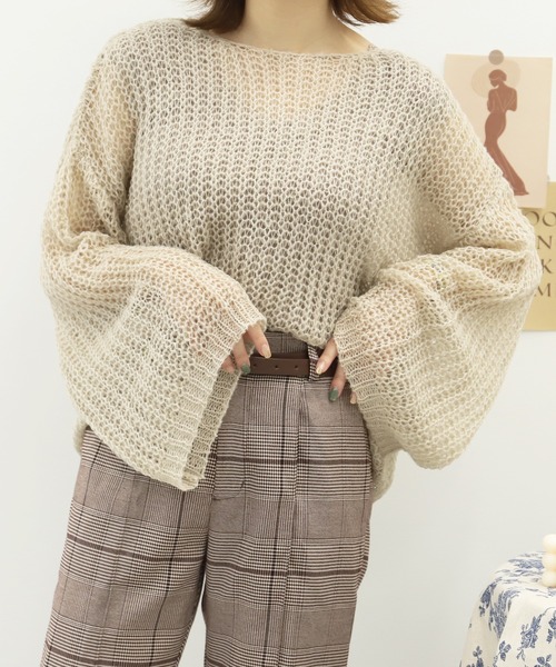 PairPair(ペアペア)の「ワイドスリーブシアーニット(ニット/セーター・レディース・ベージュ/ライトブラウン/ボルドー・FREE)」の3枚目の写真
