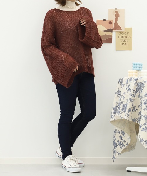 PairPair(ペアペア)の「ワイドスリーブシアーニット(ニット/セーター・レディース・ベージュ/ライトブラウン/ボルドー・FREE)」の7枚目の写真
