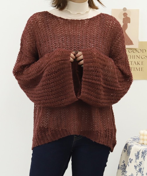 PairPair(ペアペア)の「ワイドスリーブシアーニット(ニット/セーター・レディース・ベージュ/ライトブラウン/ボルドー・FREE)」の13枚目の写真