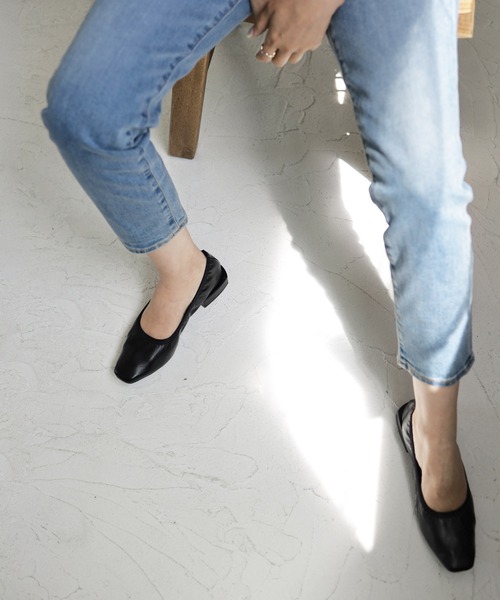 セール】履き口ゴムのスクエアトゥブロックヒールパンプスギャザー ...