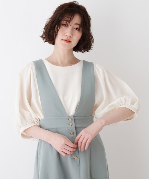 DRESKIP（ドレスキップ）の「◆異素材使いボリューム袖Tシャツ（Tシャツ/カットソー・レディース・ブラック/オフホワイト/ダークオレンジ/グリーン系・02/03/04）」の2枚目の写真