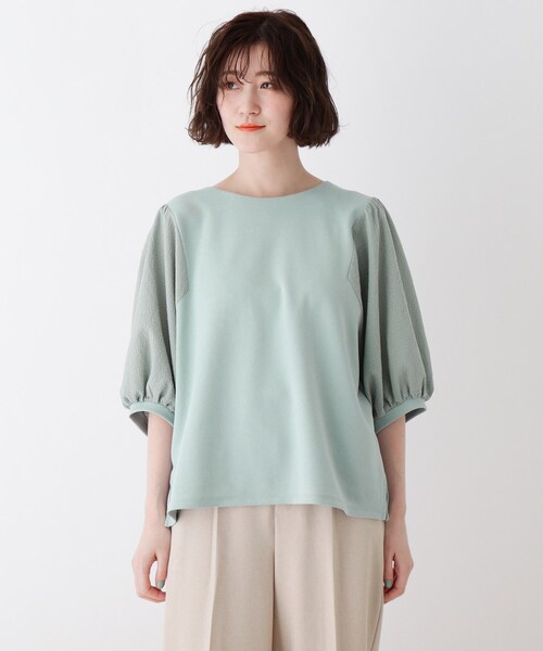 DRESKIP（ドレスキップ）の「◆異素材使いボリューム袖Tシャツ（Tシャツ/カットソー・レディース・ブラック/オフホワイト/ダークオレンジ/グリーン系・02/03/04）」の9枚目の写真