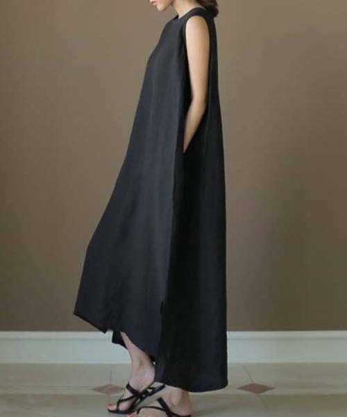 Alite cloth（アリーテクロス）の「リネン丸首ノースリーブマキシワンピース（ワンピース・レディース・ブラック/モカ/ライトベージュ・FREE）」の5枚目の写真