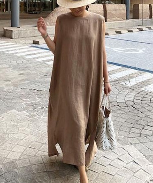 Alite cloth（アリーテクロス）の「リネン丸首ノースリーブマキシワンピース（ワンピース・レディース・ブラック/モカ/ライトベージュ・FREE）」の9枚目の写真