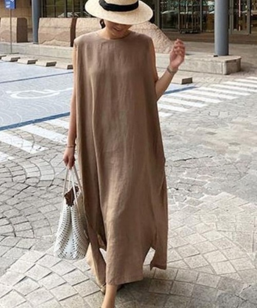 Alite cloth（アリーテクロス）の「リネン丸首ノースリーブマキシワンピース（ワンピース・レディース・ブラック/モカ/ライトベージュ・FREE）」の7枚目の写真