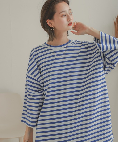 SENSE OF PLACE by URBAN RESEARCH（センスオブプレイスバイアーバンリサーチ）の「ボーダーエクストラルーズTシャツ(5分袖)（Tシャツ/カットソー・メンズ・ブラック/ロイヤルブルー・ONE）」の9枚目の写真