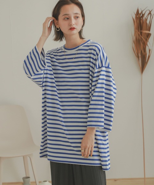 SENSE OF PLACE by URBAN RESEARCH（センスオブプレイスバイアーバンリサーチ）の「ボーダーエクストラルーズTシャツ(5分袖)（Tシャツ/カットソー・メンズ・ブラック/ロイヤルブルー・ONE）」の11枚目の写真