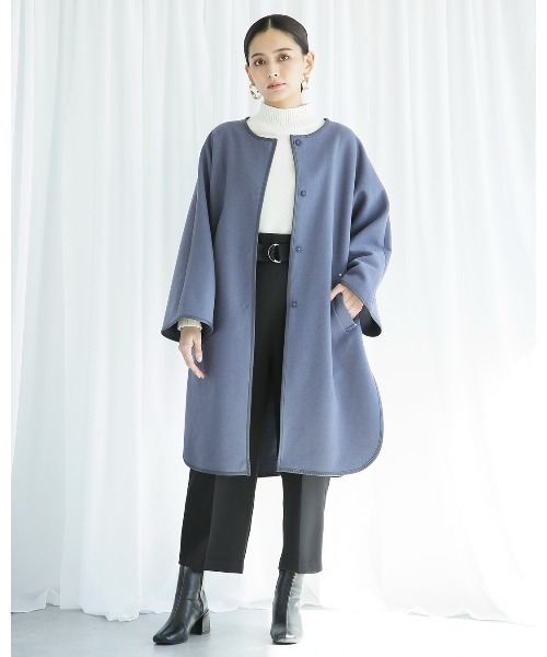 Emilyan（エミリアン）の「【2021AW】圧縮杢ニット・フェイクレザーパイピング・フレアーデザインコート（その他アウター・レディース・ブラウン/ブルー/アイボリー・9号）」の3枚目の写真