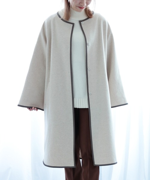 Emilyan（エミリアン）の「【2021AW】圧縮杢ニット・フェイクレザーパイピング・フレアーデザインコート（その他アウター・レディース・ブラウン/ブルー/アイボリー・9号）」の11枚目の写真