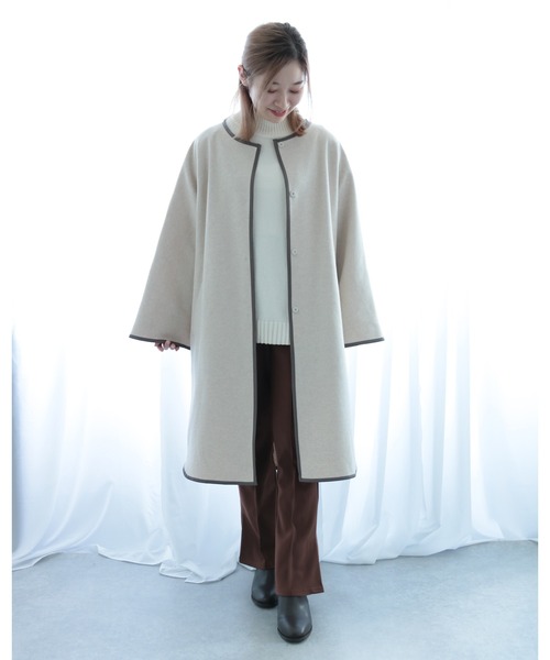 Emilyan（エミリアン）の「【2021AW】圧縮杢ニット・フェイクレザーパイピング・フレアーデザインコート（その他アウター・レディース・ブラウン/ブルー/アイボリー・9号）」の9枚目の写真