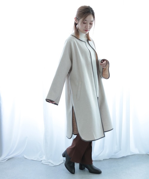 Emilyan（エミリアン）の「【2021AW】圧縮杢ニット・フェイクレザーパイピング・フレアーデザインコート（その他アウター・レディース・ブラウン/ブルー/アイボリー・9号）」の12枚目の写真