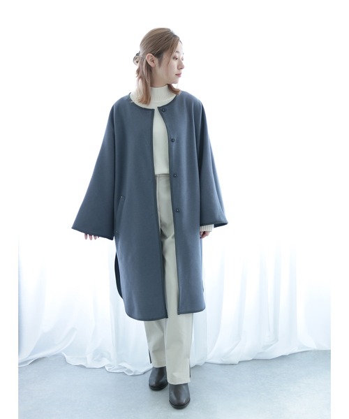 Emilyan（エミリアン）の「【2021AW】圧縮杢ニット・フェイクレザーパイピング・フレアーデザインコート（その他アウター・レディース・ブラウン/ブルー/アイボリー・9号）」の16枚目の写真