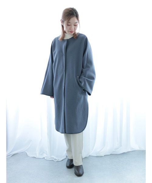 Emilyan（エミリアン）の「【2021AW】圧縮杢ニット・フェイクレザーパイピング・フレアーデザインコート（その他アウター・レディース・ブラウン/ブルー/アイボリー・9号）」の19枚目の写真