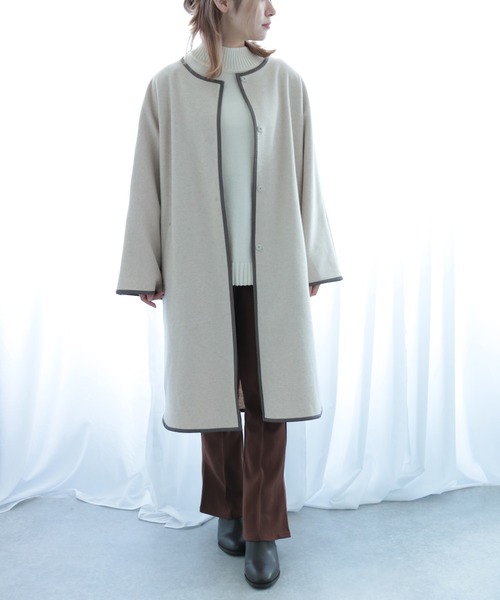 Emilyan（エミリアン）の「【2021AW】圧縮杢ニット・フェイクレザーパイピング・フレアーデザインコート（その他アウター・レディース・ブラウン/ブルー/アイボリー・9号）」の10枚目の写真