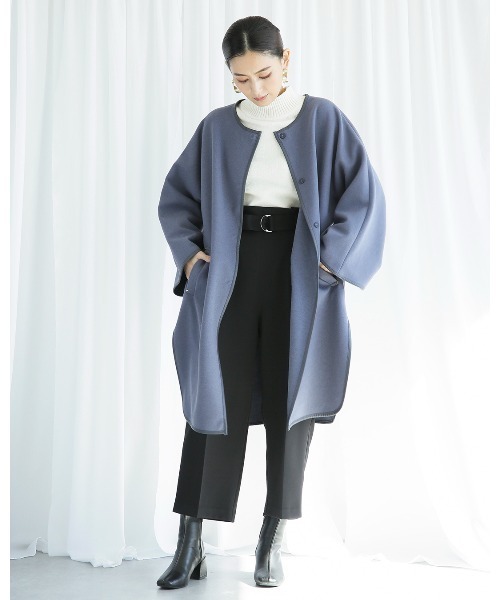 Emilyan（エミリアン）の「【2021AW】圧縮杢ニット・フェイクレザーパイピング・フレアーデザインコート（その他アウター・レディース・ブラウン/ブルー/アイボリー・9号）」の21枚目の写真