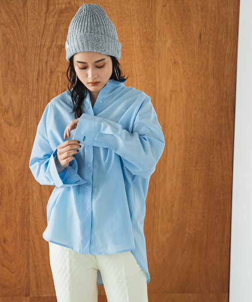 bohmal(ボマール)の「オーバーサイズレギュラーカラーシャツ/ストライプシャツ(シャツ/ブラウス・レディース・ライトブルー/ピンク/ブルー/グリーン/ミント/オレンジ/サックスブルー/パープル/ホワイト/チェリーピンク・FREE)」の2枚目の写真