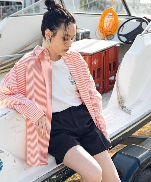 bohmal(ボマール)の「オーバーサイズレギュラーカラーシャツ/ストライプシャツ(シャツ/ブラウス・レディース・ライトブルー/ピンク/ブルー/グリーン/ミント/オレンジ/サックスブルー/パープル/ホワイト/チェリーピンク・FREE)」の10枚目の写真