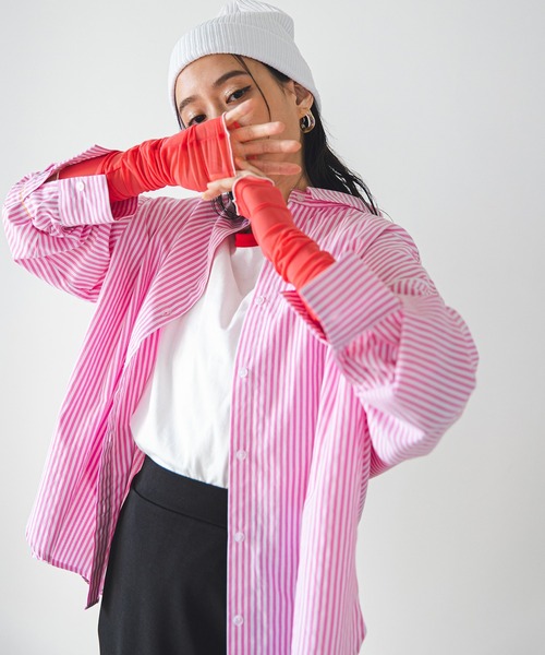 bohmal(ボマール)の「オーバーサイズレギュラーカラーシャツ/ストライプシャツ(シャツ/ブラウス・レディース・ライトブルー/ピンク/ブルー/グリーン/ミント/オレンジ/サックスブルー/パープル/ホワイト/チェリーピンク・FREE)」の20枚目の写真