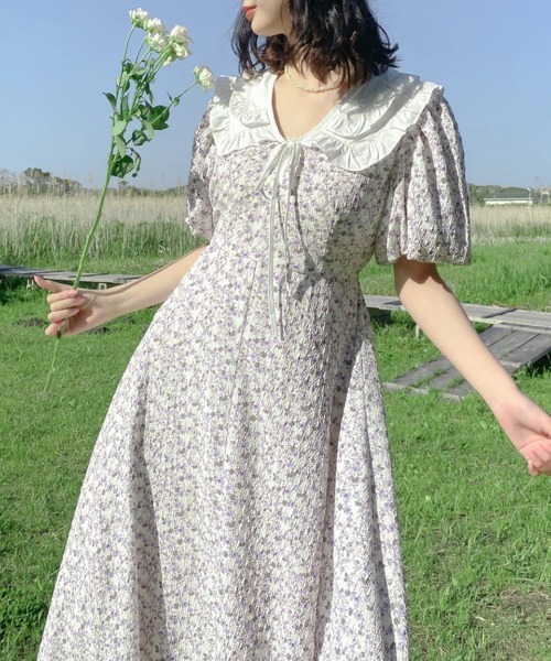 lissi Boutique（リージーブティック）の「【lissi Boutique】フラワーレースカラーパフスリーブロングワンピース（ワンピース・レディース・ホワイト・FREE）」の9枚目の写真
