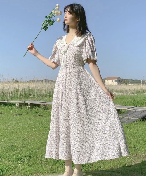 lissi Boutique（リージーブティック）の「【lissi Boutique】フラワーレースカラーパフスリーブロングワンピース（ワンピース・レディース・ホワイト・FREE）」の7枚目の写真