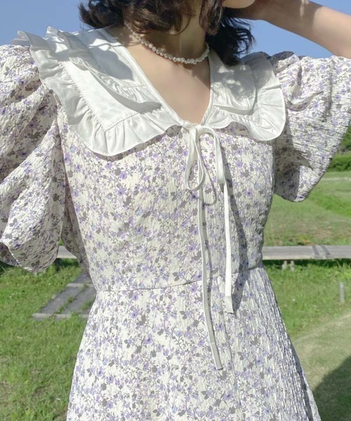 lissi Boutique（リージーブティック）の「【lissi Boutique】フラワーレースカラーパフスリーブロングワンピース（ワンピース・レディース・ホワイト・FREE）」の5枚目の写真