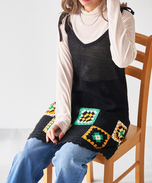 WEGO（ウィゴー）の「WEGO/クロシェニットキャミワンピ（ワンピース・レディース・ブラック・FREE）」の9枚目の写真