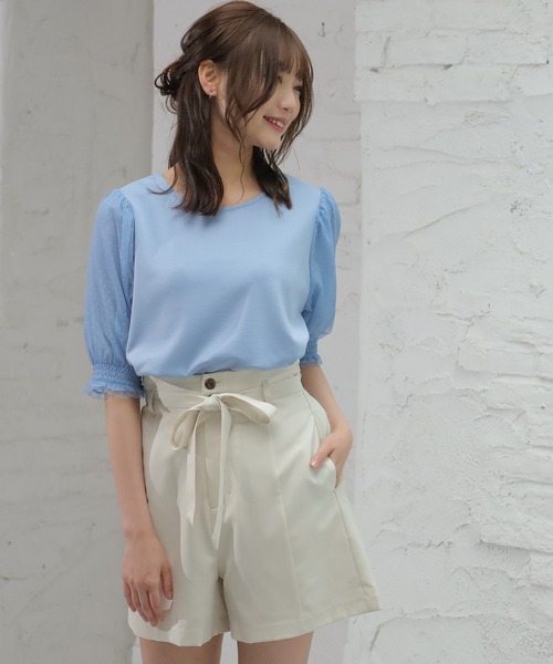 Honeys（ハニーズ）の「袖チュールトップス（Tシャツ/カットソー・レディース・ホワイト/ブラック/サックスブルー/ピンク・S/M/L）」の3枚目の写真