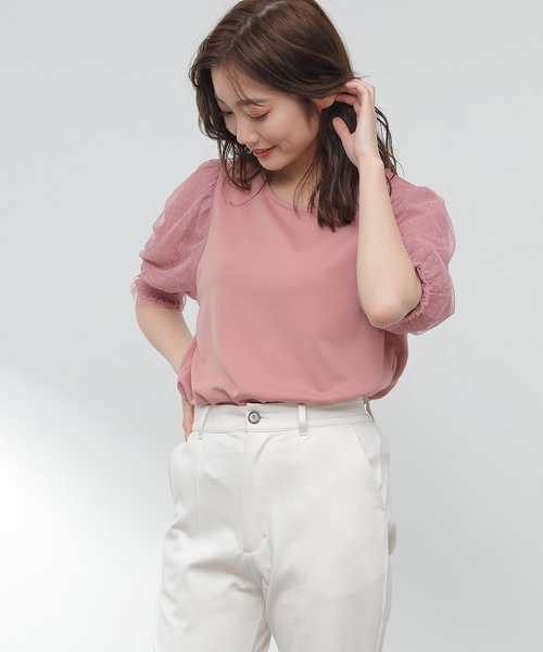 Honeys（ハニーズ）の「袖チュールトップス（Tシャツ/カットソー・レディース・ホワイト/ブラック/サックスブルー/ピンク・S/M/L）」の4枚目の写真