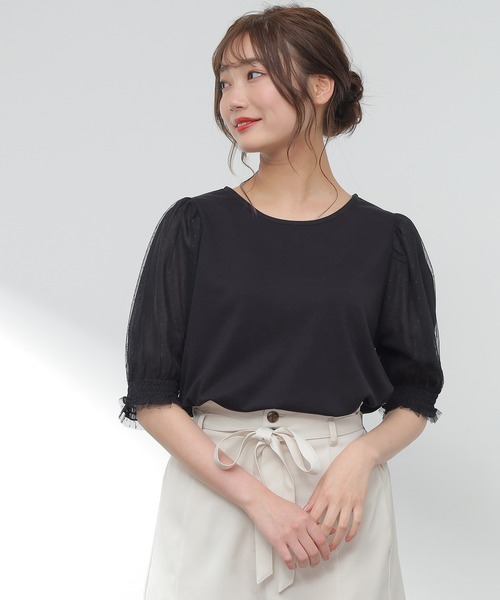 Honeys（ハニーズ）の「袖チュールトップス（Tシャツ/カットソー・レディース・ホワイト/ブラック/サックスブルー/ピンク・S/M/L）」の2枚目の写真