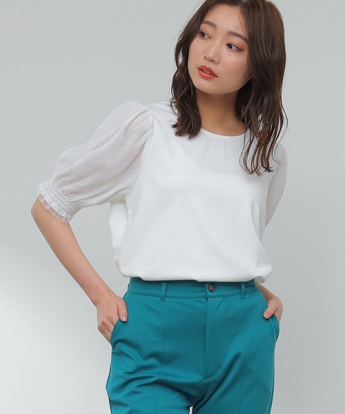 Honeys（ハニーズ）の「袖チュールトップス（Tシャツ/カットソー・レディース・ホワイト/ブラック/サックスブルー/ピンク・S/M/L）」の7枚目の写真