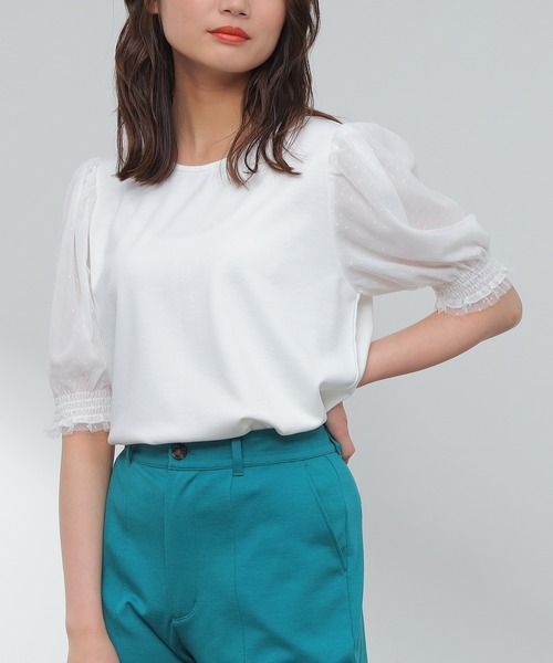 Honeys（ハニーズ）の「袖チュールトップス（Tシャツ/カットソー・レディース・ホワイト/ブラック/サックスブルー/ピンク・S/M/L）」の8枚目の写真