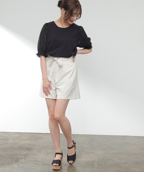 Honeys（ハニーズ）の「袖チュールトップス（Tシャツ/カットソー・レディース・ホワイト/ブラック/サックスブルー/ピンク・S/M/L）」の11枚目の写真