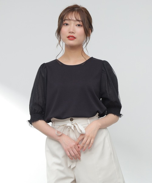 Honeys（ハニーズ）の「袖チュールトップス（Tシャツ/カットソー・レディース・ホワイト/ブラック/サックスブルー/ピンク・S/M/L）」の13枚目の写真