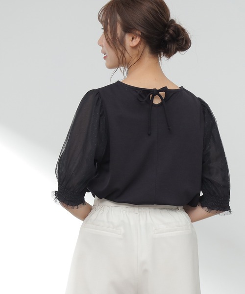 Honeys（ハニーズ）の「袖チュールトップス（Tシャツ/カットソー・レディース・ホワイト/ブラック/サックスブルー/ピンク・S/M/L）」の15枚目の写真