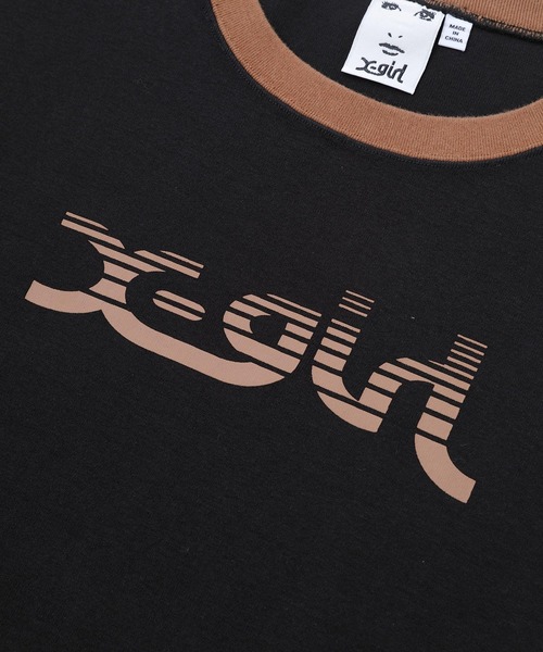 X-girl（エックスガール）の「SLICE MILLS LOGO L/S BIG TEE/ビッグシルエット　リンガー　ブランドロゴ　ロンT（Tシャツ/カットソー・レディース・ベージュ/バーガンディー/ブラック・S/M）」の12枚目の写真