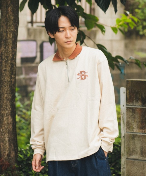 BROKEN BASE(ブロークンベース)の「配色刺繍ハーフジップポロシャツ(Tシャツ/カットソー・メンズ・グリーン/ベージュ/グレー・LARGE/MEDIUM)」の1枚目の写真