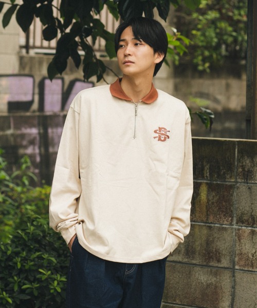 BROKEN BASE(ブロークンベース)の「配色刺繍ハーフジップポロシャツ(Tシャツ/カットソー・メンズ・グリーン/ベージュ/グレー・LARGE/MEDIUM)」の6枚目の写真